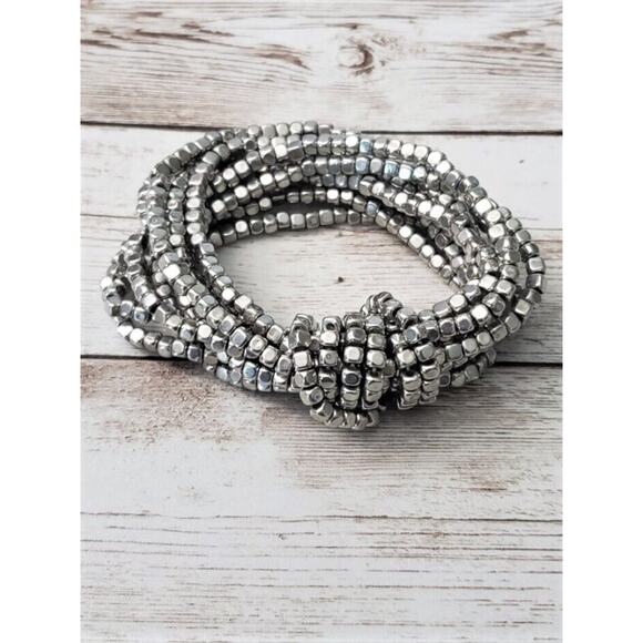 Vintage Bracelet / Bangle Stretchy Silver Tone Beads with Knot Design - Picture 2 of 4